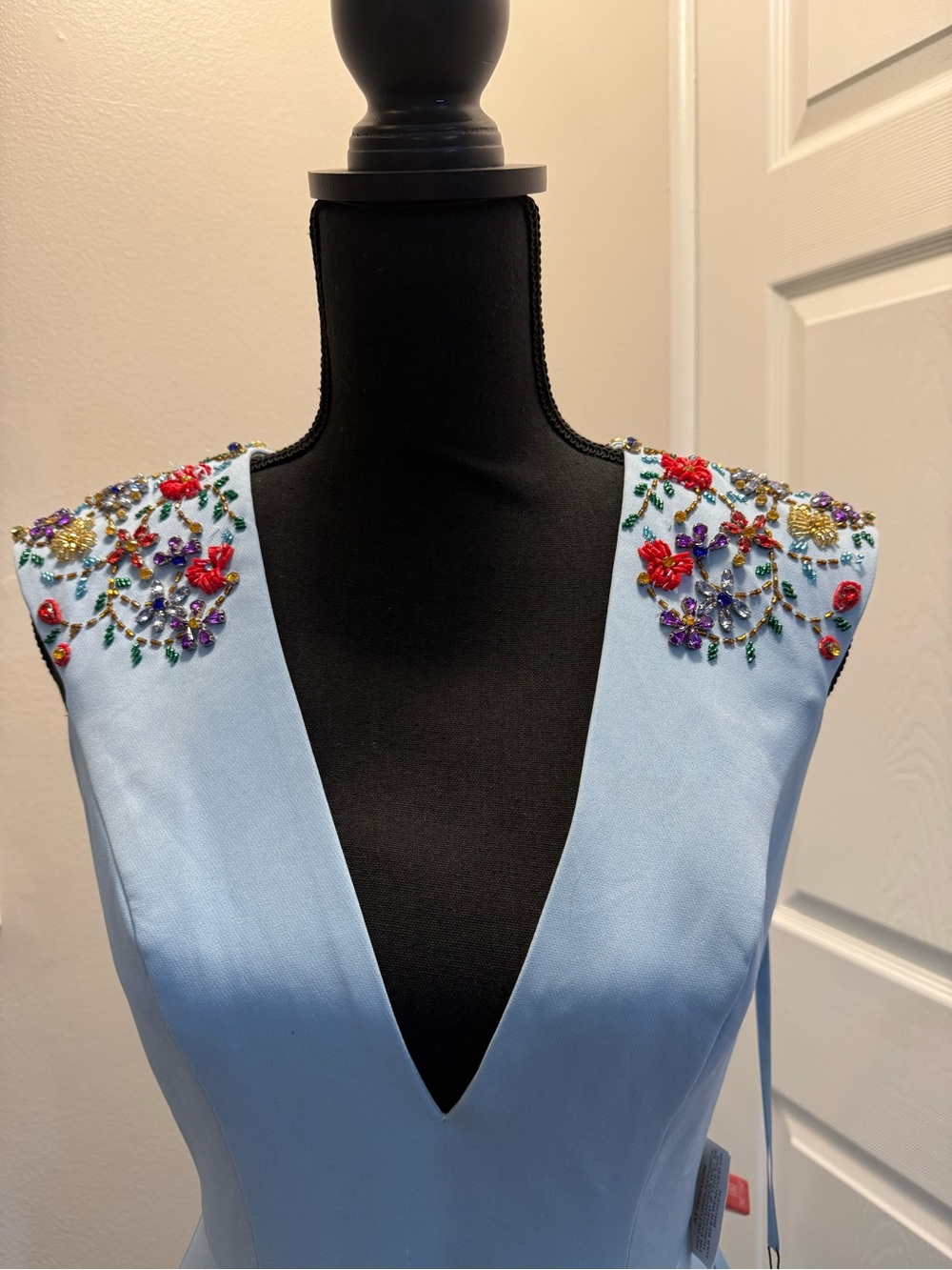 Mac Duggal Light Blue V-Neck Evening Dress with Multicolor Bead Embroidery - Picture 3 of 15